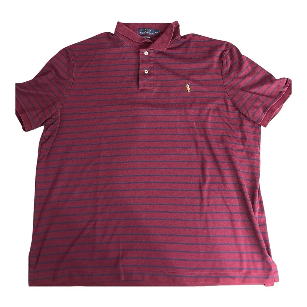 Polo Ralph Lauren Shirt Mens 2XL Maroon Blue Stripe Pima Soft Touch Flesh Pony